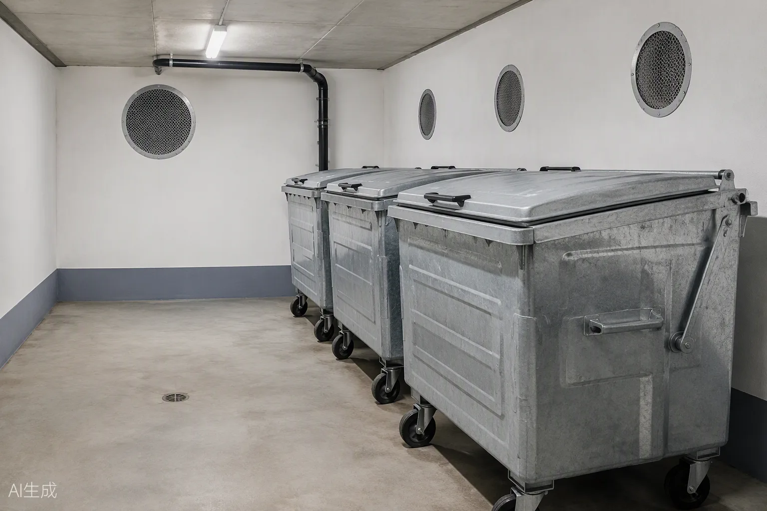 Geschlossener Abfallraum mit dicht schliessenden Containern und Metallgitter als Schutz gegen Ratten in einer Zürcher Liegenschaft