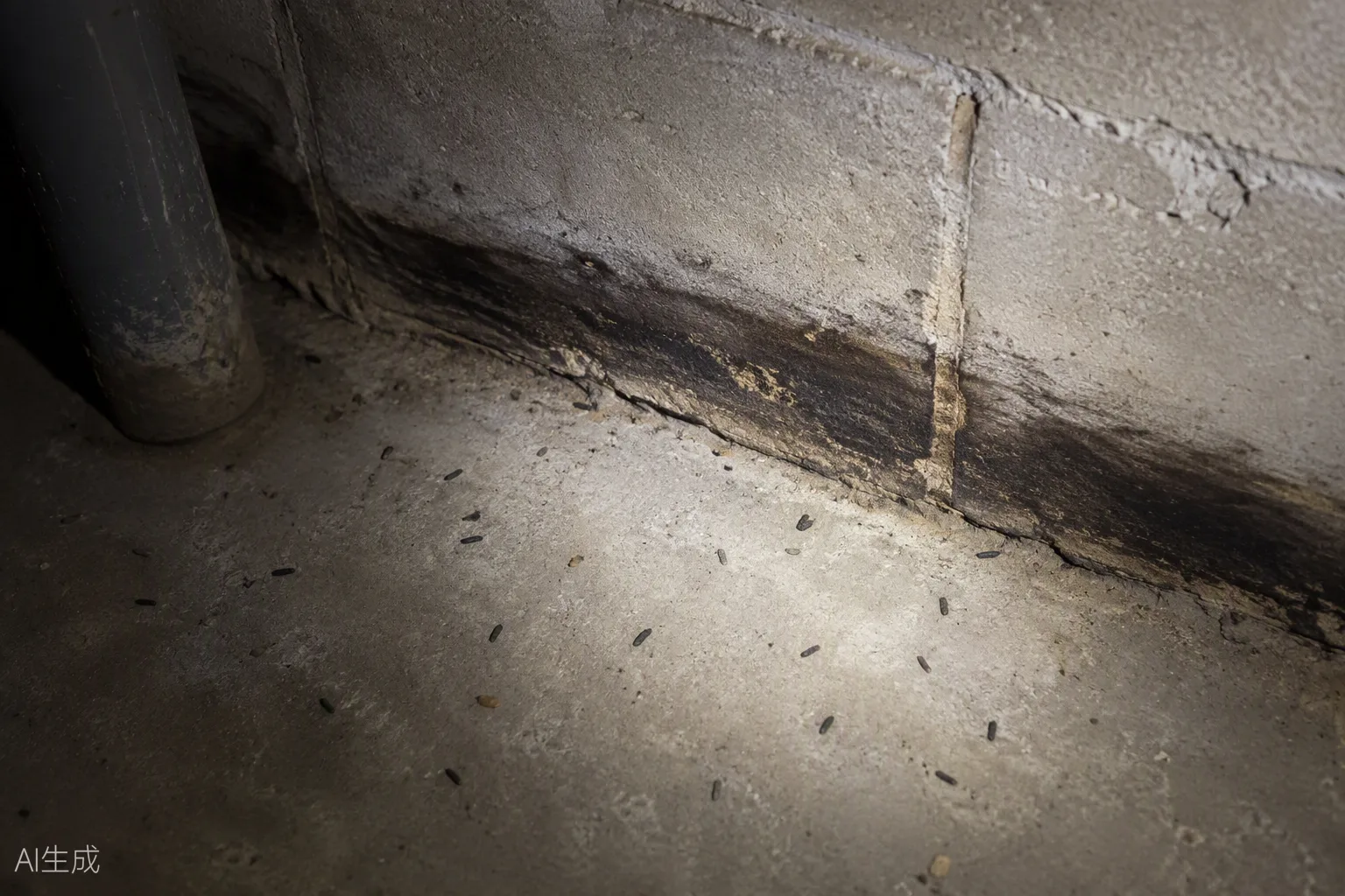 Dunkle Schmierspuren und spindelförmige Rattenkotspuren entlang eines Kellerlaufwegs am Boden eines Abfallraums