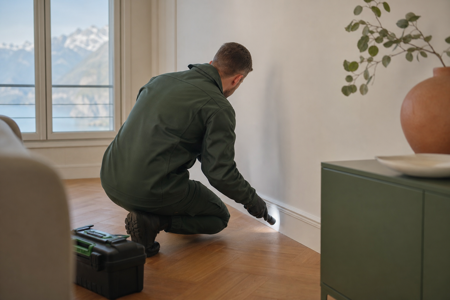 Fachperson beim Einsatz, die in einer hellen Schweizer Wohnung eine Sockelleiste untersucht