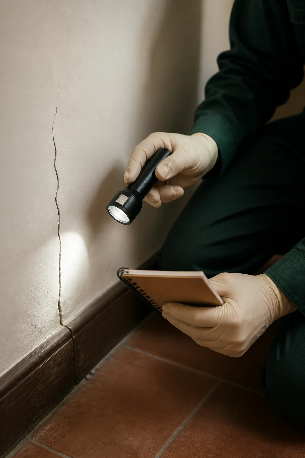Hände einer Fachperson mit Inspektionslampe und Notizblock an einem Riss in der Wand
