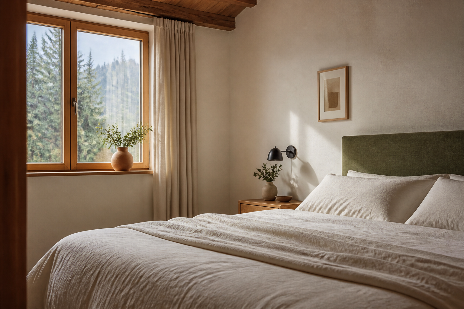 Helles, aufgeräumtes Schlafzimmer mit frisch bezogenem Bett — typische Umgebung eines Bettwanzenbefalls