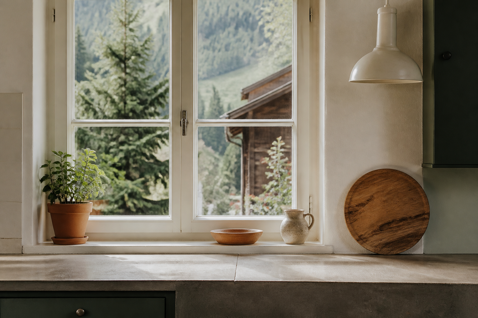 Küchenfenster mit Tageslicht in einer Schweizer Wohnung — typische Sammelstelle für Fliegen