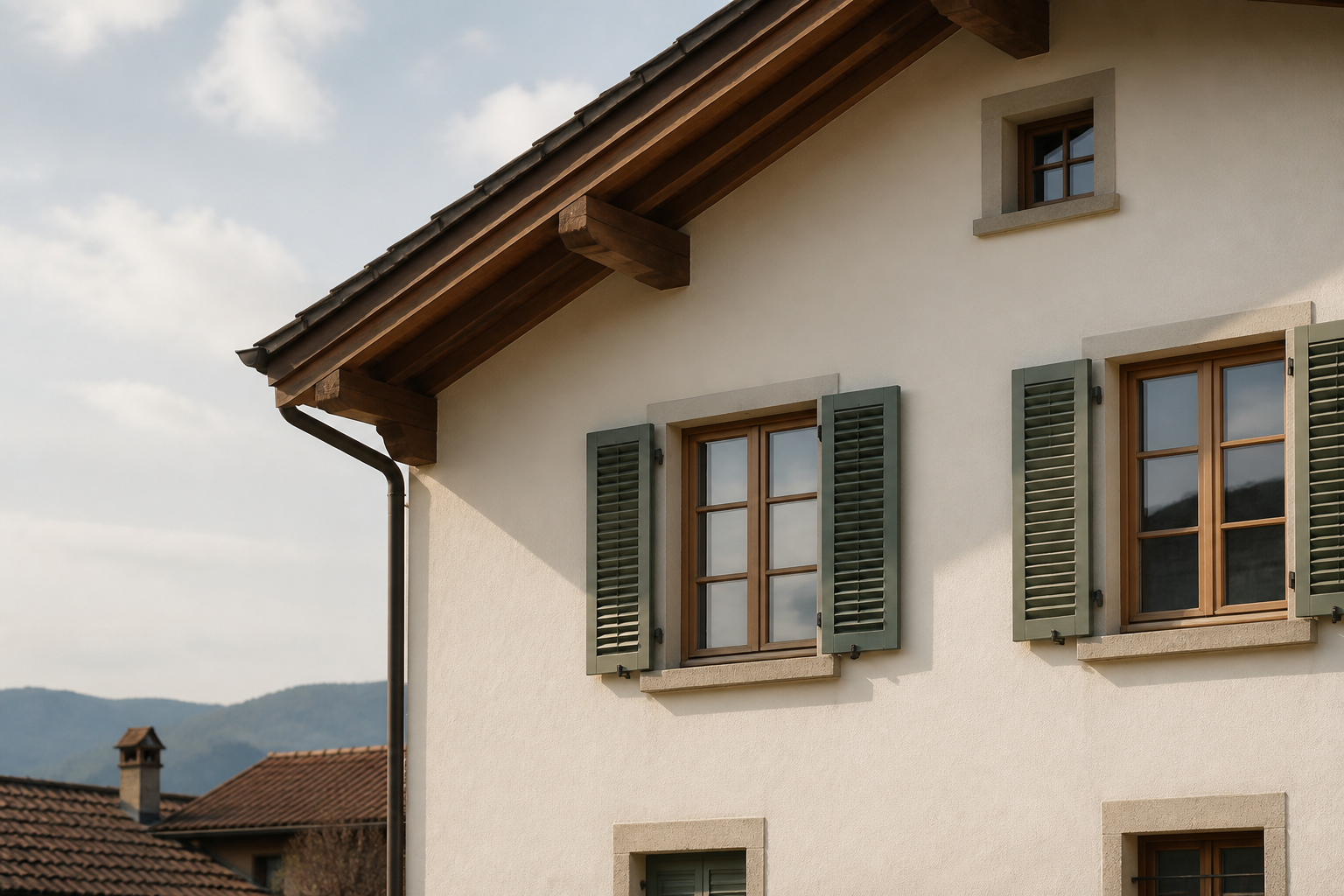 Fassade mit Dachvorsprung eines Schweizer Einfamilienhauses — häufiger Nistplatz für Wespen