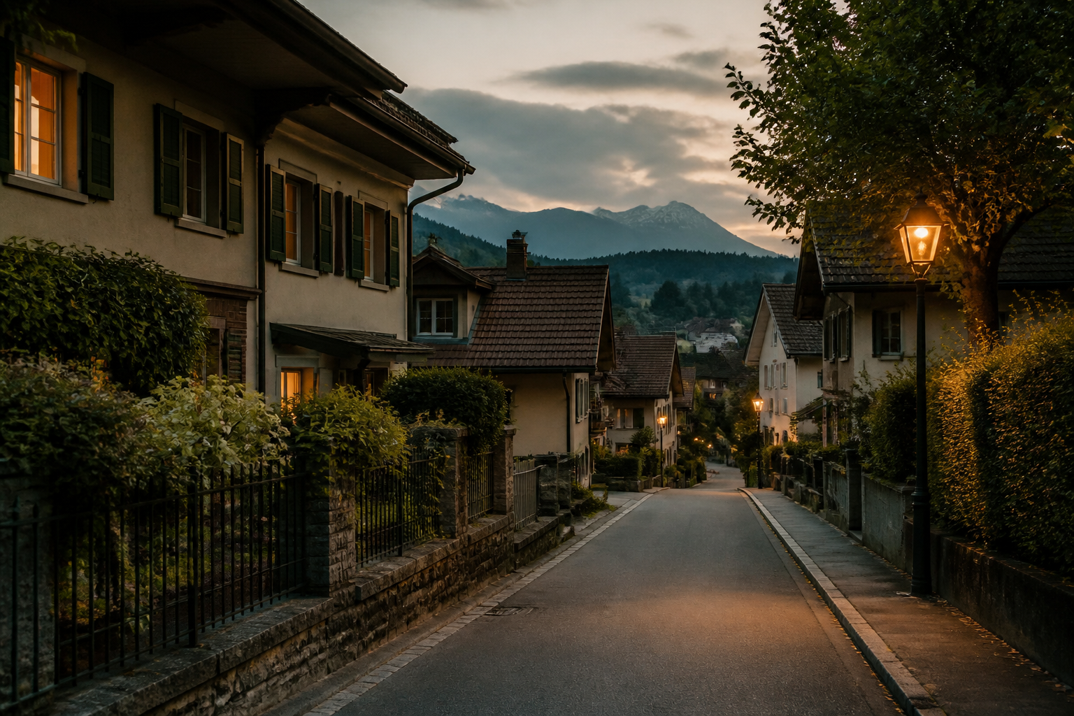 Schweizer Wohnstrasse am Abend, ruhige Stimmung — Umfeld eines Soforteinsatzes