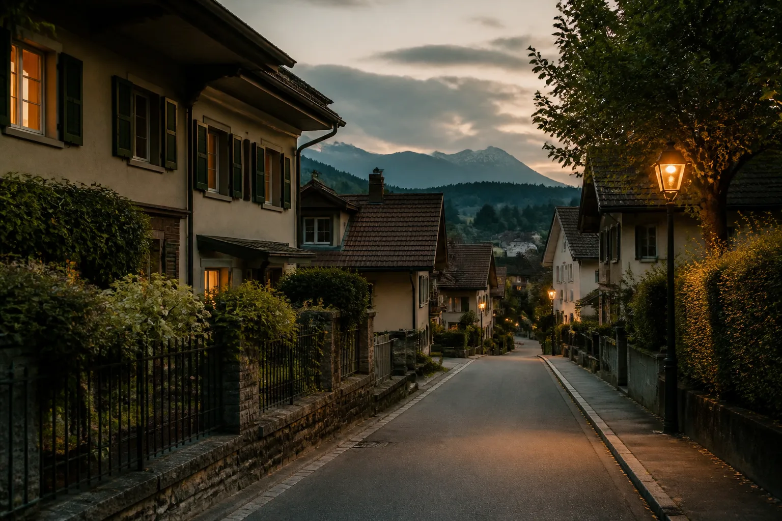Schweizer Wohnstrasse am Abend, ruhige Stimmung - Umfeld eines Soforteinsatzes